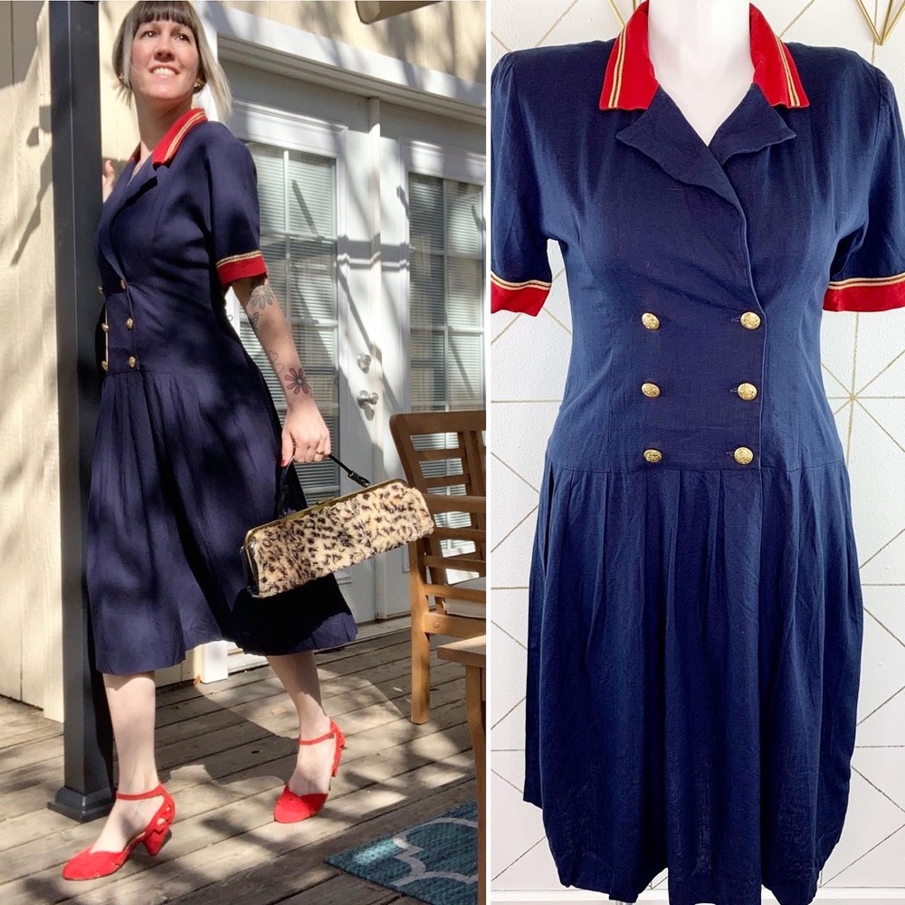 Vintage 80s Lanz Sailor Nautical Drop Waist Dress
